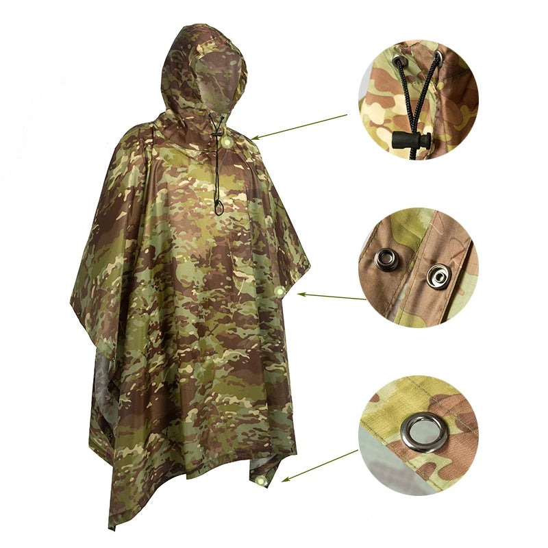 Military Tactical Rain Poncho - Waterproof Multi-Use Shelter & Raincoat