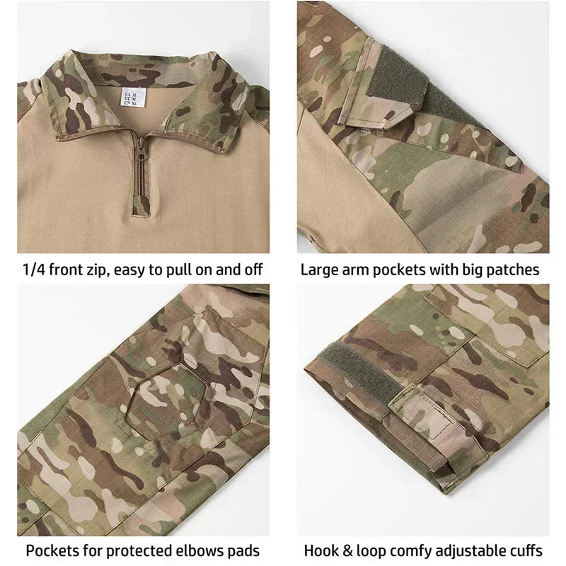 Tactical Airsoft Army Combat Shirt - Breathable CP Camo Zipper Tee