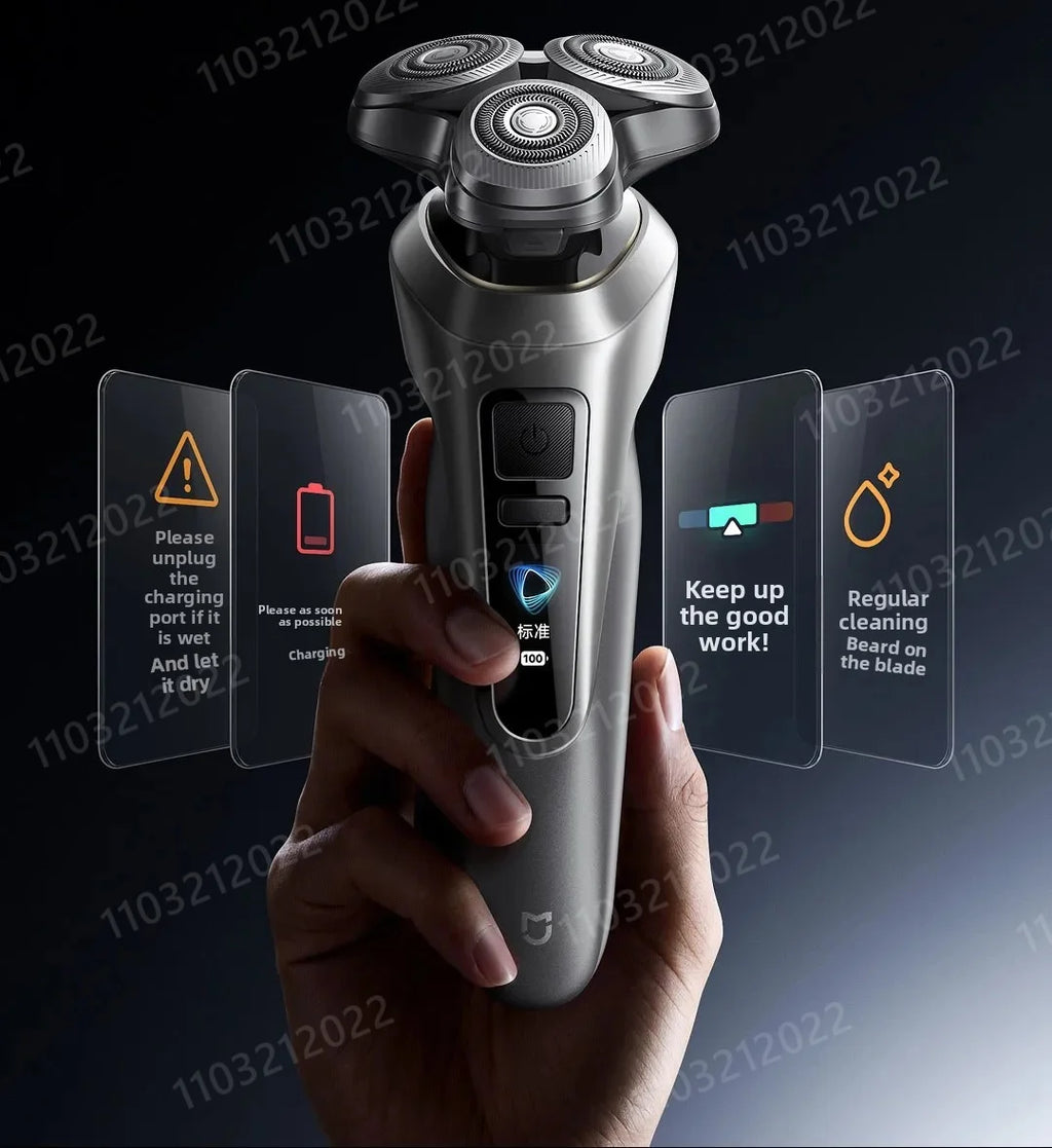 Rasoir électrique Xiaomi Pro avec tondeuse à barbe, utilisable sur peau sèche ou humide, étanche, écran couleur dynamique, rasage complet à 360°, autonomie de 90 jours.