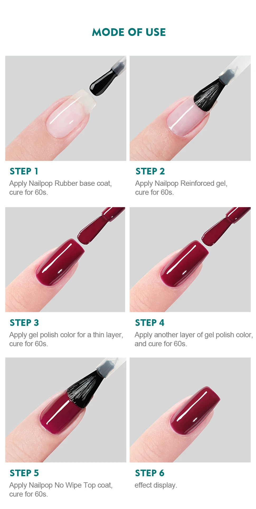 NAILPOP Vernis de finition sans résidu, base, primer, vernis gel UV, rehausseur de design, gel de renforcement, gel semi-permanent, outil de nail art UV/LED