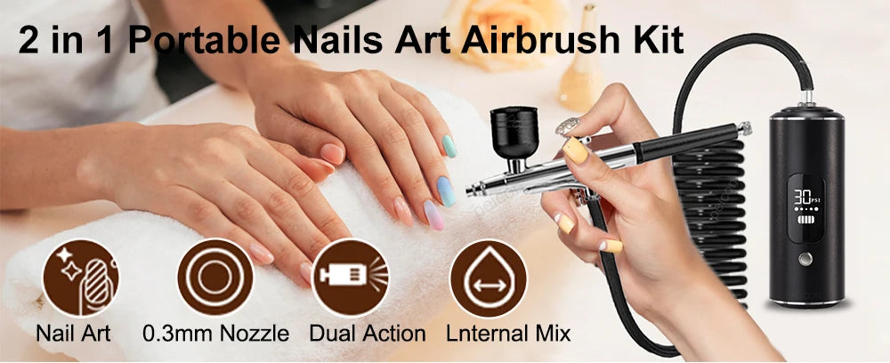 Aérographe portable avec compresseur pour la peinture et le nail art, idéal pour la décoration de gâteaux, le maquillage, les manucures et autres travaux de beauté. Pistolet à peinture portable pour vernis et ongles.