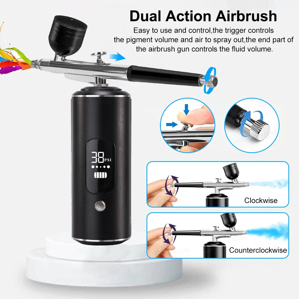 Aérographe portable avec compresseur pour la peinture et le nail art, idéal pour la décoration de gâteaux, le maquillage, les manucures et autres travaux de beauté. Pistolet à peinture portable pour vernis et ongles.