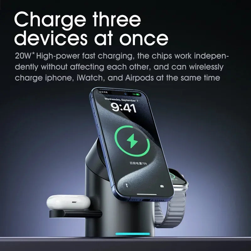 Chargeur sans fil magnétique intelligent Qi2 3 en 1 de 15 W avec rotation automatique pour Android, iPhone, iWatch et AirPods, station de charge rapide MagSafe