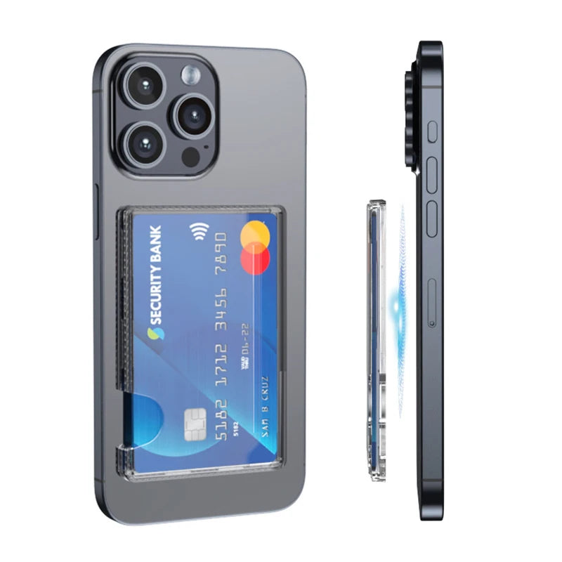 Étui portefeuille magnétique transparent avec porte-cartes pour coque MagSafe, compatible iPhone 15 Pro Max, 14 Plus, 13 et Samsung S24 Ultra. Emplacements pour cartes magnétiques.