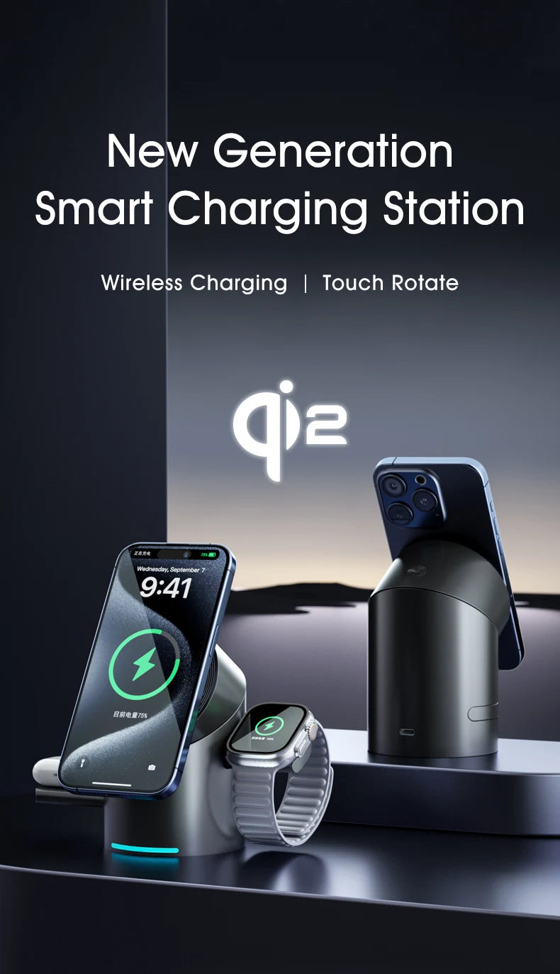 Chargeur sans fil magnétique intelligent Qi2 3 en 1 de 15 W avec rotation automatique pour Android, iPhone, iWatch et AirPods, station de charge rapide MagSafe