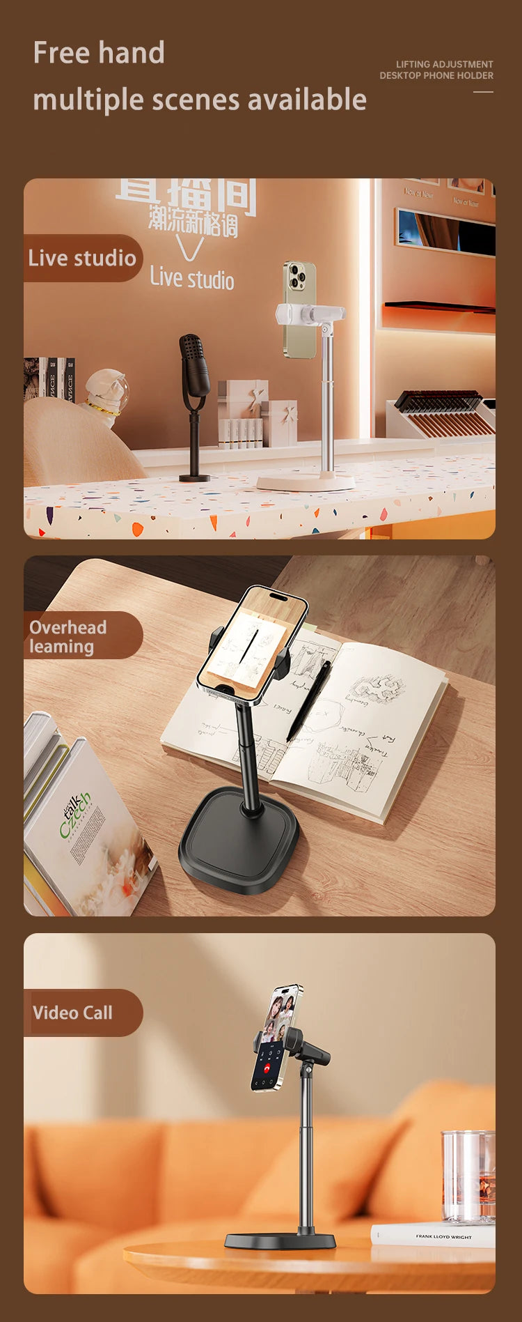 Cell Phone Stand Desk Phone Holder Height Angle Adjustable Aluminum Alloy Universal Phone Stand Office for iPhone 15Pro Max Plus