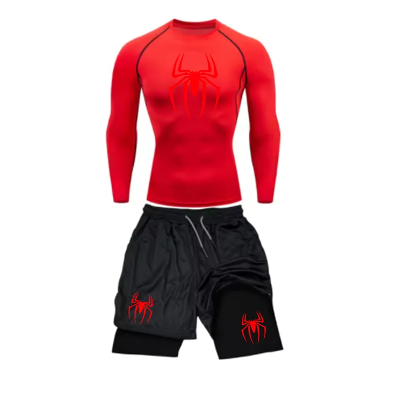Spring and Autumn Men's Sports Set Quick drying Training Clothes Spider Printed Fitness Top Performance Shorts Gym Casual Sports