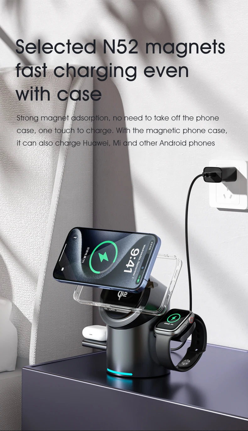 Chargeur sans fil magnétique intelligent Qi2 3 en 1 de 15 W avec rotation automatique pour Android, iPhone, iWatch et AirPods, station de charge rapide MagSafe