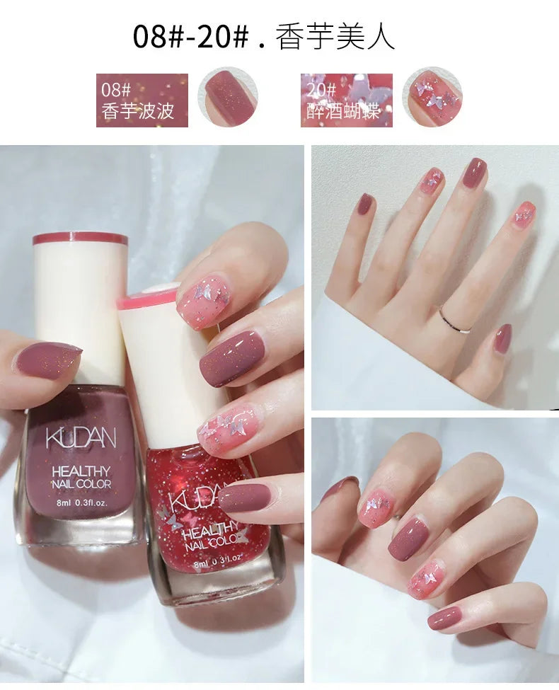 Vernis à ongles sans lampe UV, blanc à fines paillettes, sans cuisson, sans décollement, base huileuse transparente et brillante, couleur nude