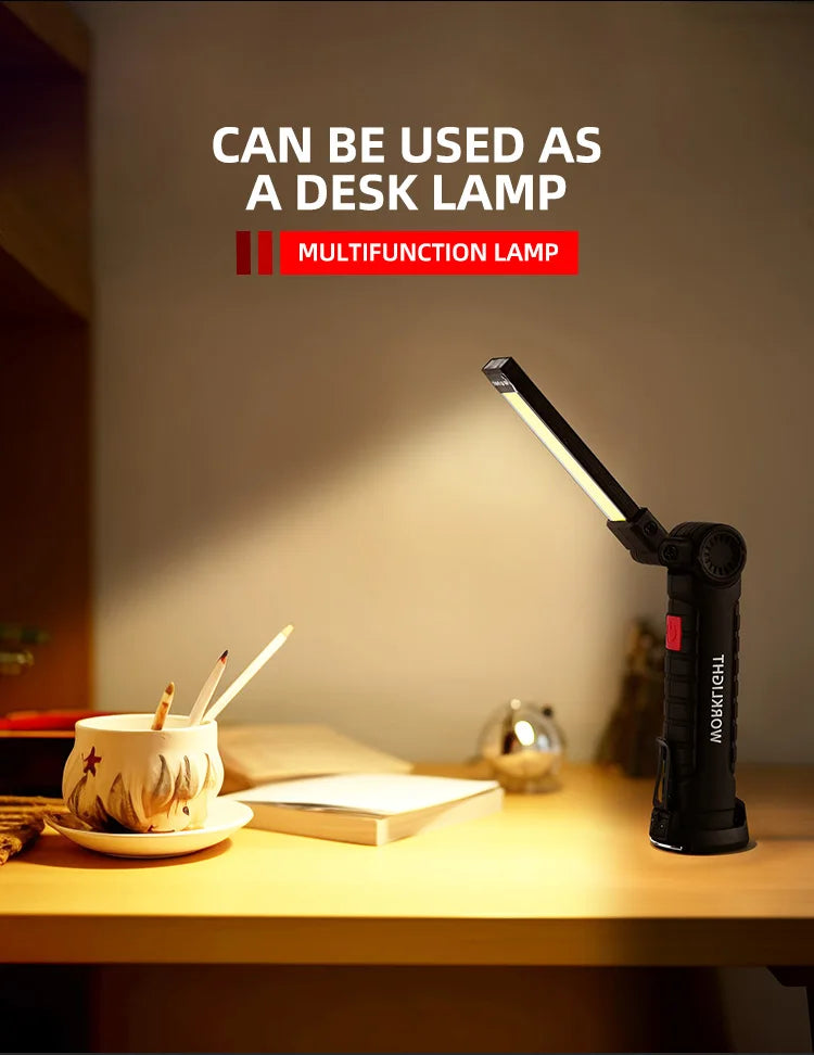 Lampe torche LED de camping rechargeable USB, lampe de travail magnétique avec crochet, étanche, mode d'éclairage adapté au travail de nuit.