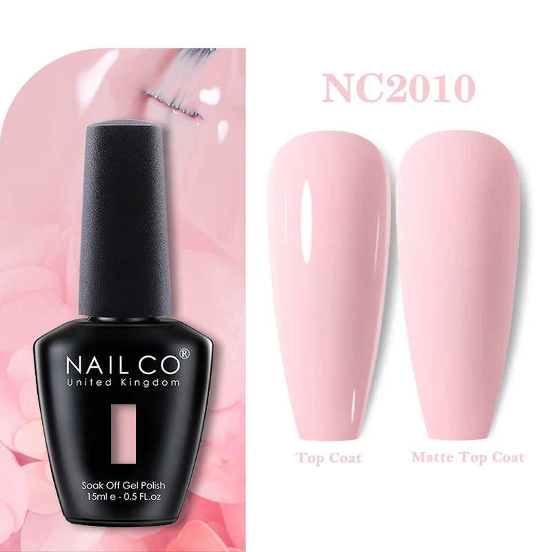 Vernis à ongles gel NAILCO 283 couleurs, base et top coat, semi-permanent, UV, pour nail art et manucure hybride.
