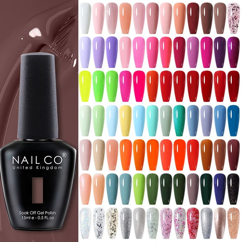 Vernis à ongles gel NAILCO 283 couleurs, base et top coat, semi-permanent, UV, pour nail art et manucure hybride.