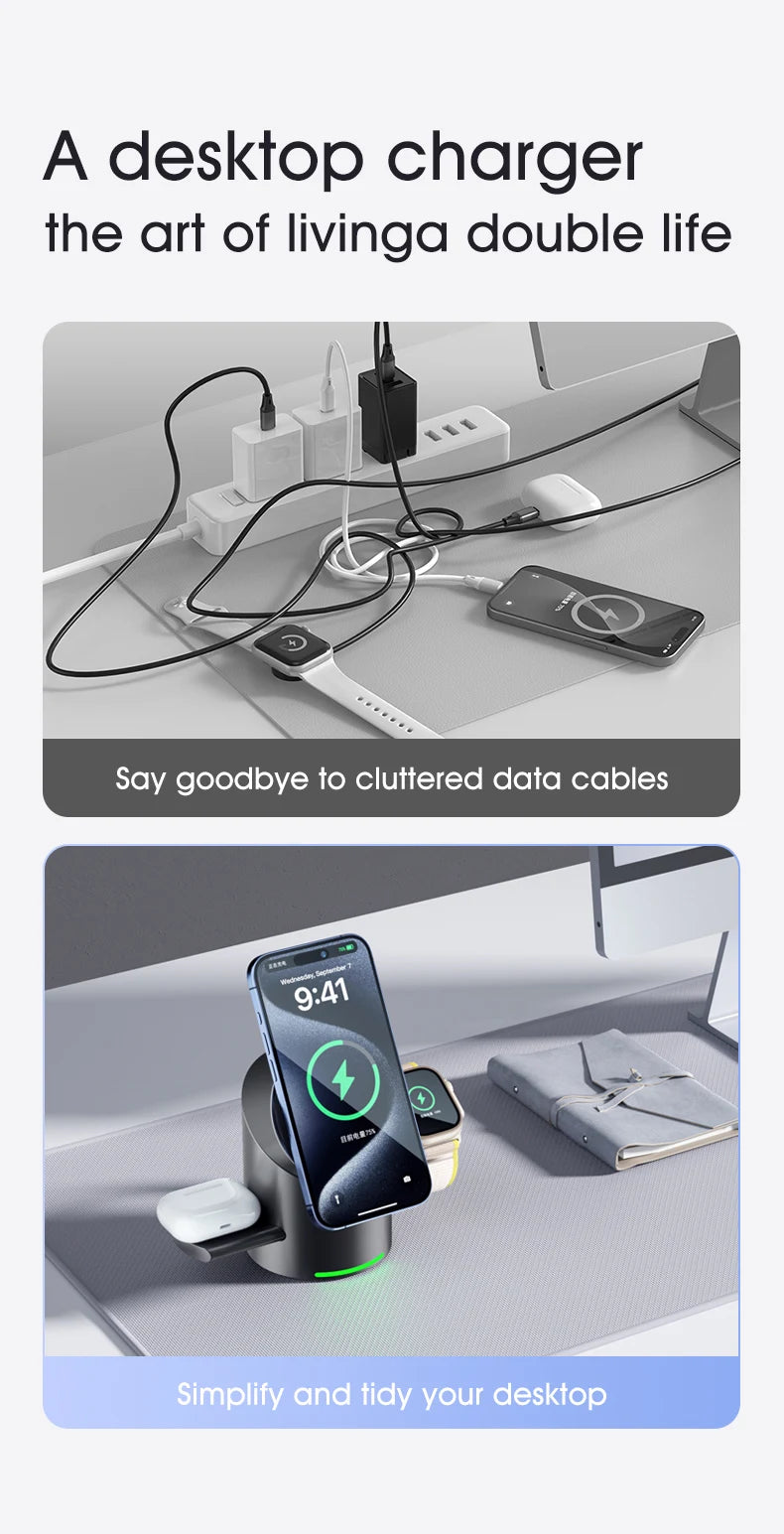 Chargeur sans fil magnétique intelligent Qi2 3 en 1 de 15 W avec rotation automatique pour Android, iPhone, iWatch et AirPods, station de charge rapide MagSafe