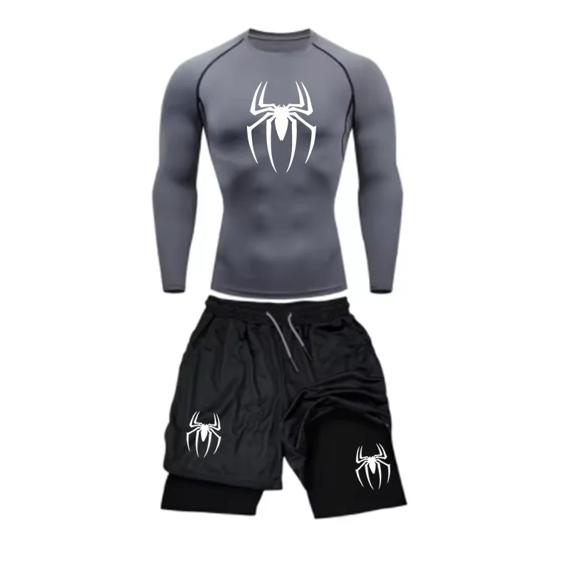 Spring and Autumn Men's Sports Set Quick drying Training Clothes Spider Printed Fitness Top Performance Shorts Gym Casual Sports