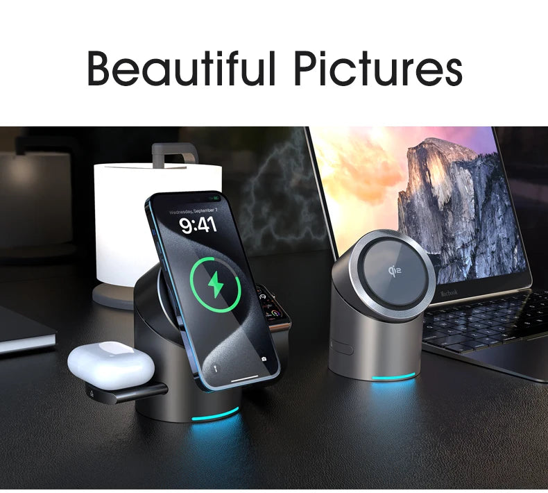 Chargeur sans fil magnétique intelligent Qi2 3 en 1 de 15 W avec rotation automatique pour Android, iPhone, iWatch et AirPods, station de charge rapide MagSafe