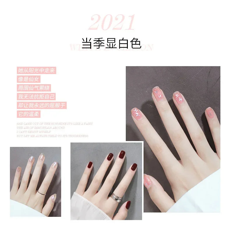 Vernis à ongles sans lampe UV, blanc à fines paillettes, sans cuisson, sans décollement, base huileuse transparente et brillante, couleur nude