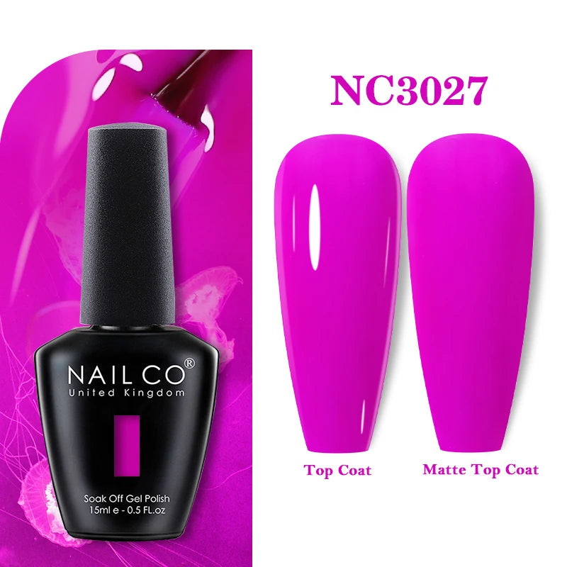 Vernis à ongles gel NAILCO 283 couleurs, base et top coat, semi-permanent, UV, pour nail art et manucure hybride.