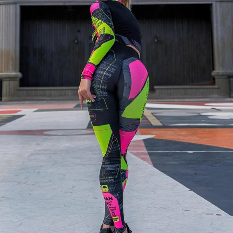 Women's Clothes Sports Yoga Set for Women Stylish Color-Block Long Sleeves Short Top&Pants Suits New 2 Piece Sets 90321
