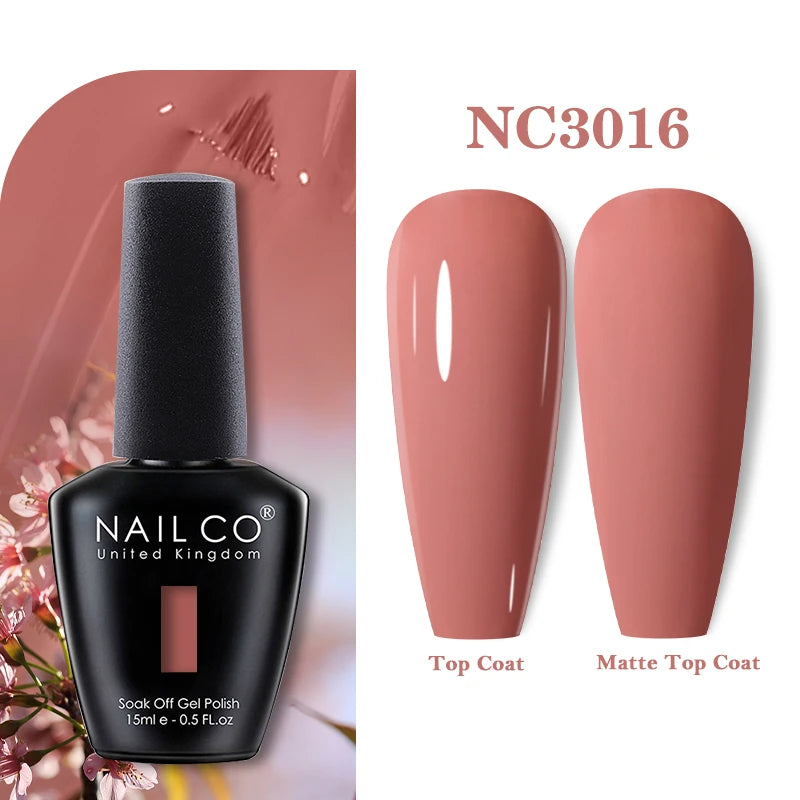 Vernis à ongles gel NAILCO 283 couleurs, base et top coat, semi-permanent, UV, pour nail art et manucure hybride.