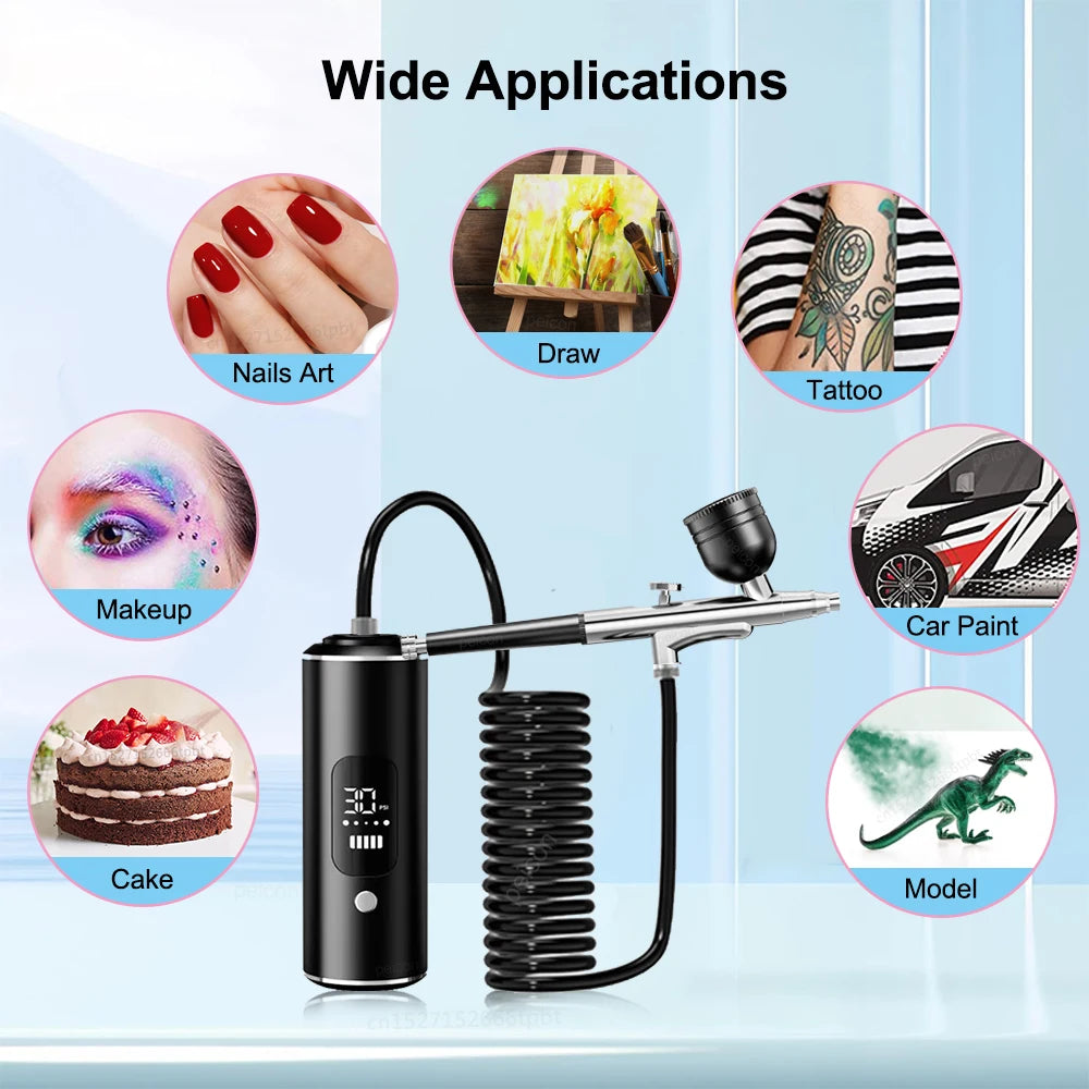 Aérographe portable avec compresseur pour la peinture et le nail art, idéal pour la décoration de gâteaux, le maquillage, les manucures et autres travaux de beauté. Pistolet à peinture portable pour vernis et ongles.