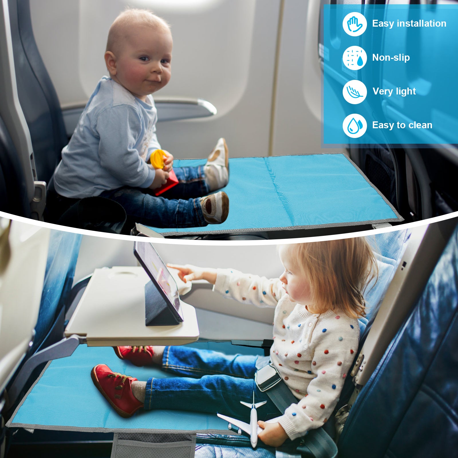 Lit de voyage portable pour enfants, avec repose-pieds et repose-jambes, hamac, et rallonge de siège d'avion pour tout-petits.