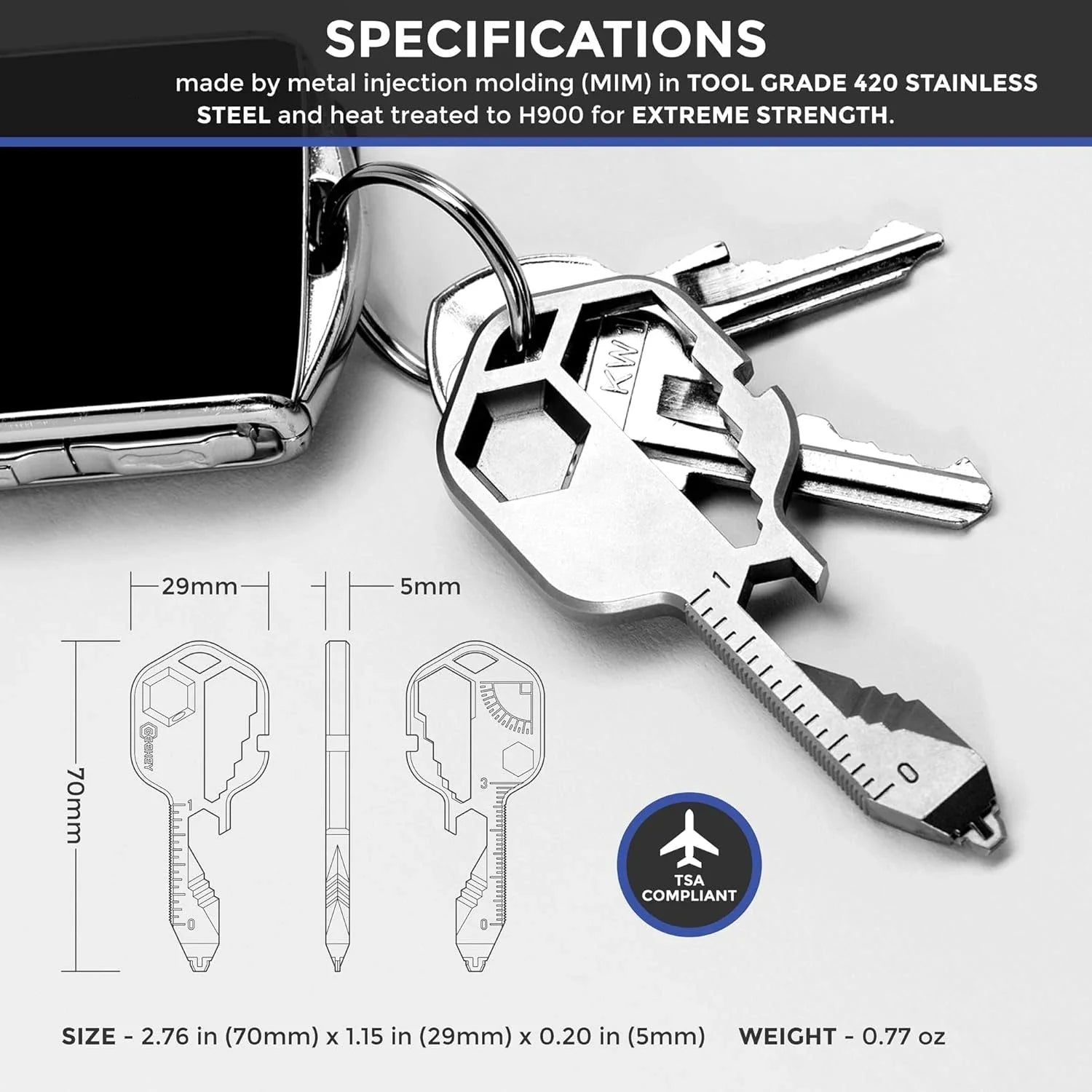 16-in-1 Key-Shaped Multi-Tool - TSA Safe Stainless Steel Keychain