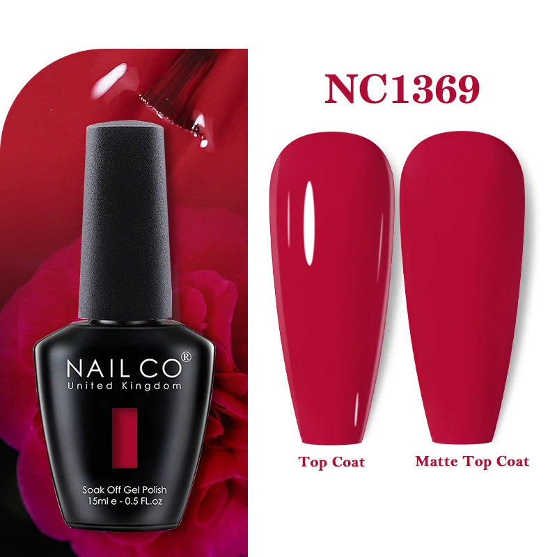 Vernis à ongles gel NAILCO 283 couleurs, base et top coat, semi-permanent, UV, pour nail art et manucure hybride.