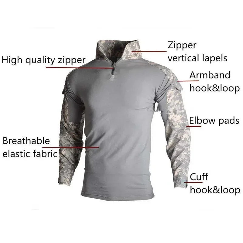 Tactical Airsoft Army Combat Shirt - Breathable CP Camo Zipper Tee