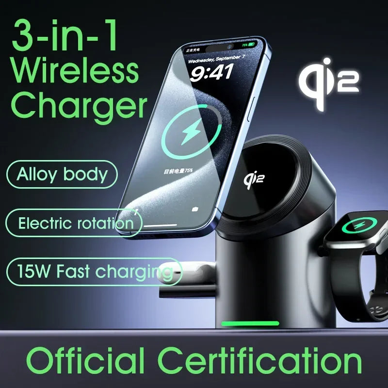 Chargeur sans fil magnétique intelligent Qi2 3 en 1 de 15 W avec rotation automatique pour Android, iPhone, iWatch et AirPods, station de charge rapide MagSafe
