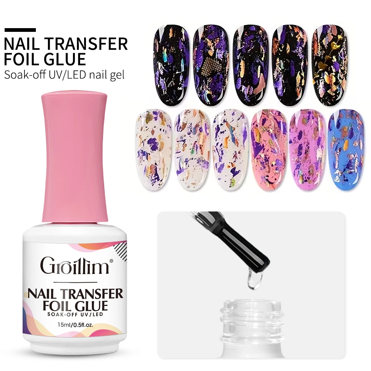 Colle pour nail art métallisé, colle de transfert pour stickers métallisés, idéale pour le nail art DIY, nécessite un éclairage LED.