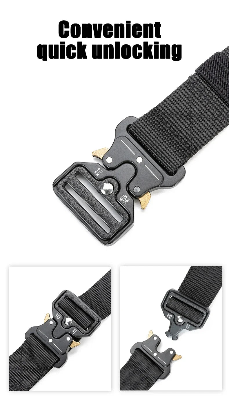 Ceinture tactique unisexe de style militaire pour le travail, la randonnée et les travaux de précision. Ceinture porte-arme avec boucle métallique robuste à dégagement rapide.