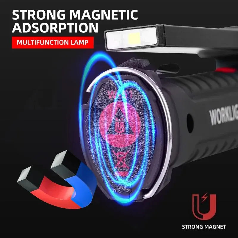 Lampe torche LED de camping rechargeable USB, lampe de travail magnétique avec crochet, étanche, mode d'éclairage adapté au travail de nuit.