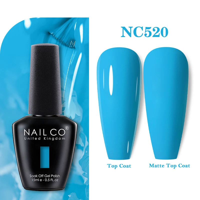 Vernis à ongles gel NAILCO 283 couleurs, base et top coat, semi-permanent, UV, pour nail art et manucure hybride.