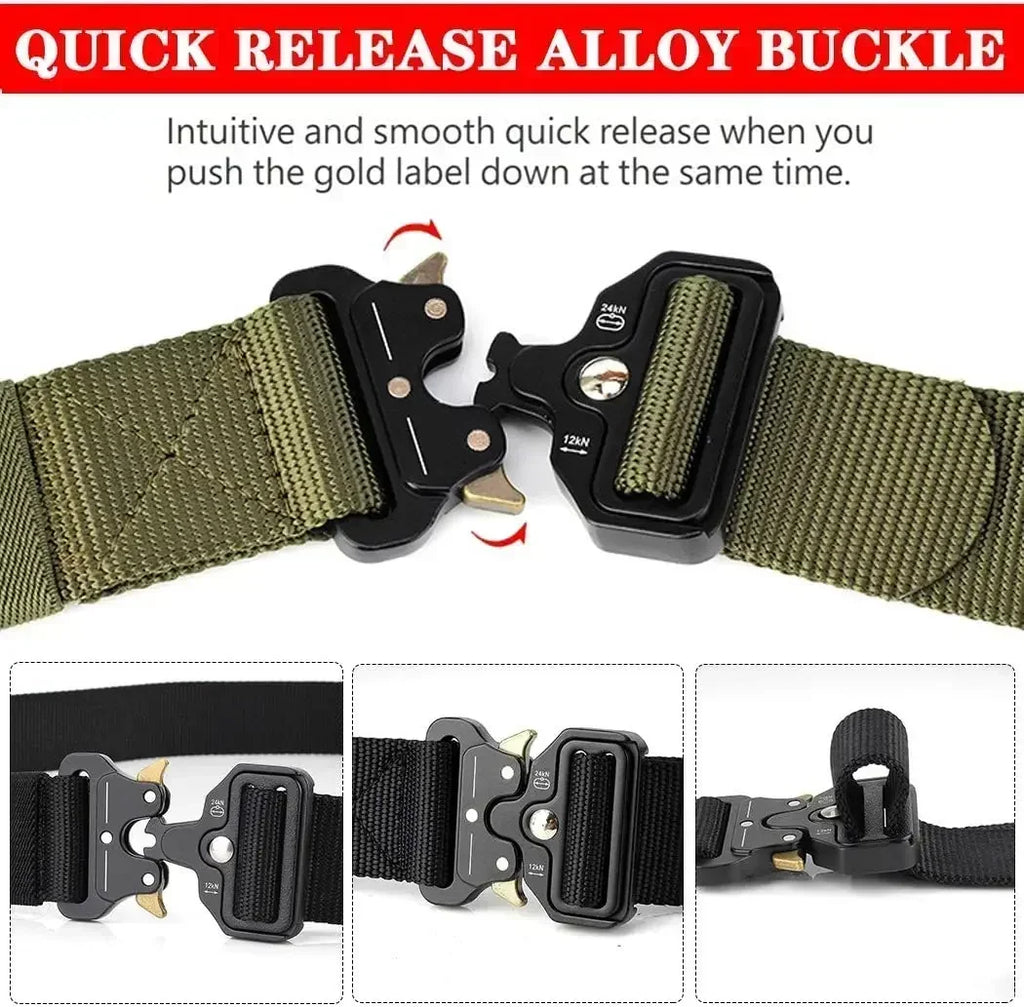 Ceinture tactique unisexe de style militaire pour le travail, la randonnée et les travaux de précision. Ceinture porte-arme avec boucle métallique robuste à dégagement rapide.