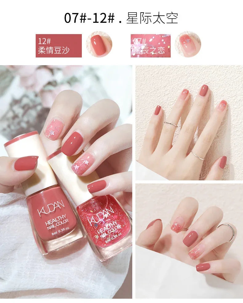 Vernis à ongles sans lampe UV, blanc à fines paillettes, sans cuisson, sans décollement, base huileuse transparente et brillante, couleur nude