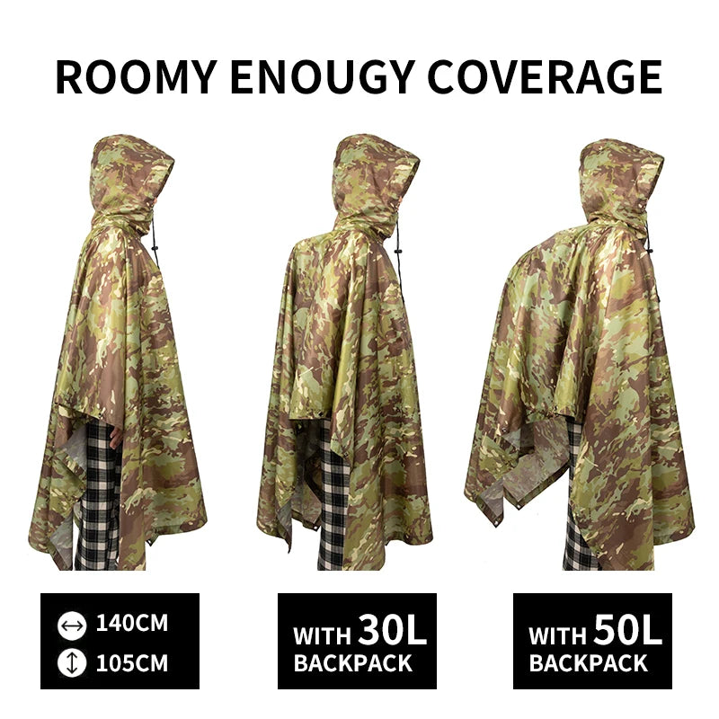 Military Tactical Rain Poncho - Waterproof Multi-Use Shelter & Raincoat