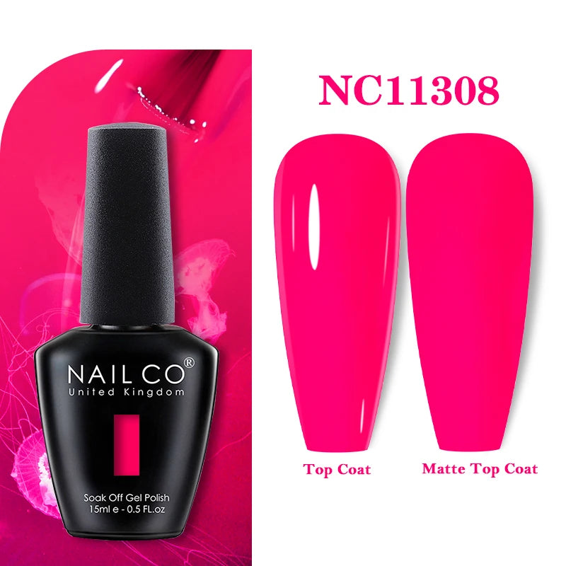 Vernis à ongles gel NAILCO 283 couleurs, base et top coat, semi-permanent, UV, pour nail art et manucure hybride.