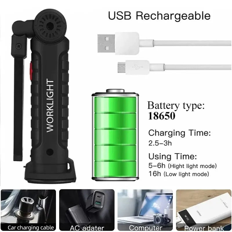 Lampe torche LED de camping rechargeable USB, lampe de travail magnétique avec crochet, étanche, mode d'éclairage adapté au travail de nuit.
