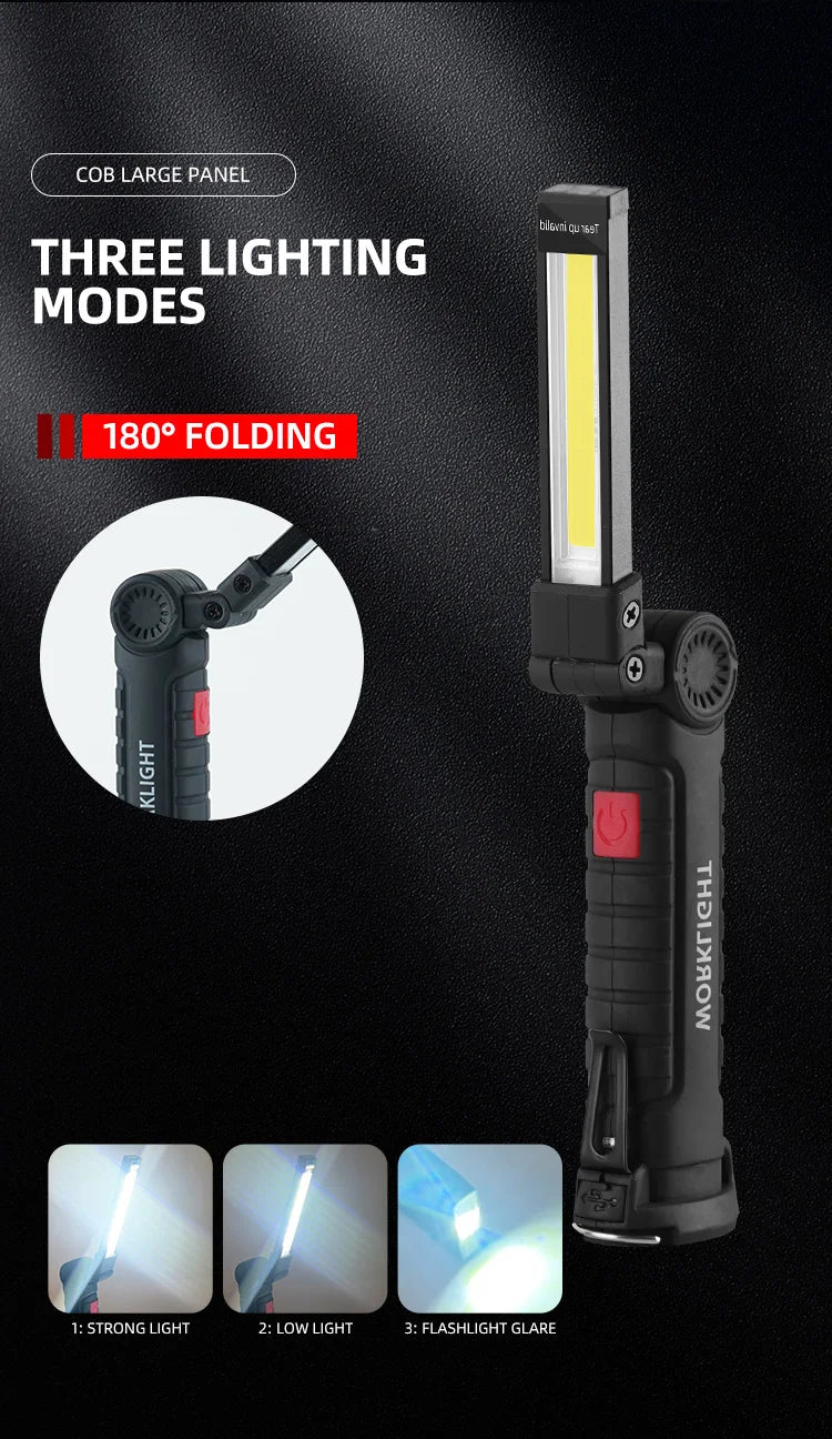 Lampe torche LED de camping rechargeable USB, lampe de travail magnétique avec crochet, étanche, mode d'éclairage adapté au travail de nuit.