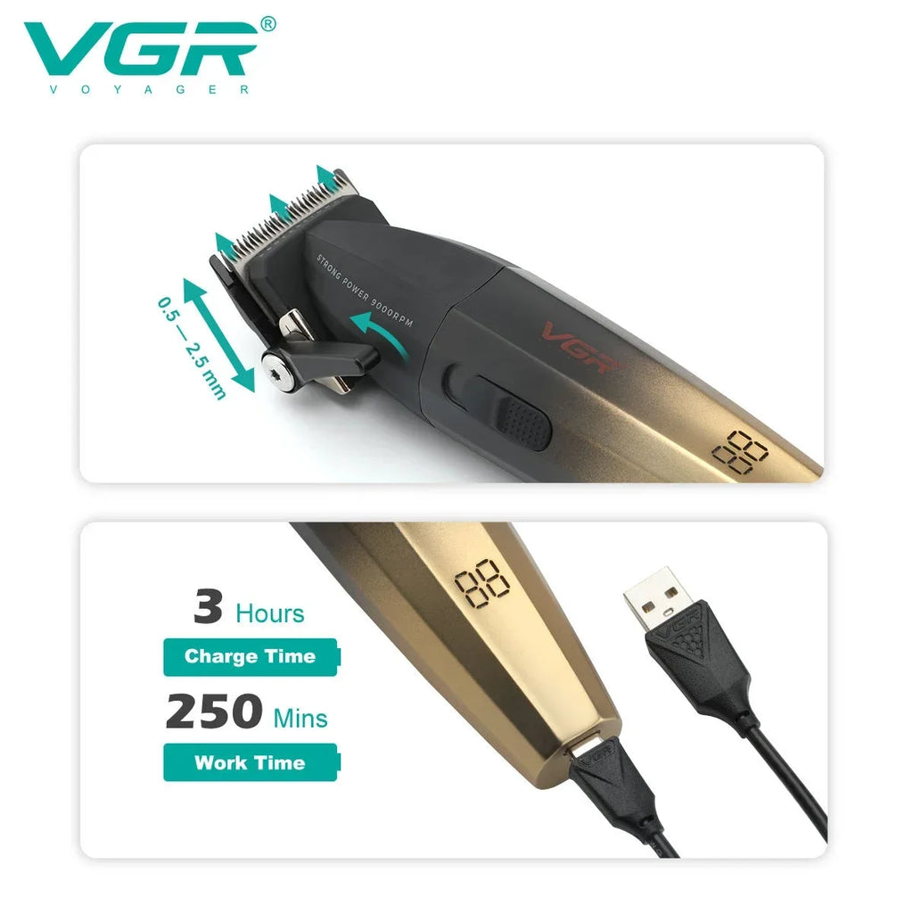 Tondeuse à cheveux professionnelle VGR, machine de coupe de cheveux sans fil, avec affichage numérique, pour hommes V-003