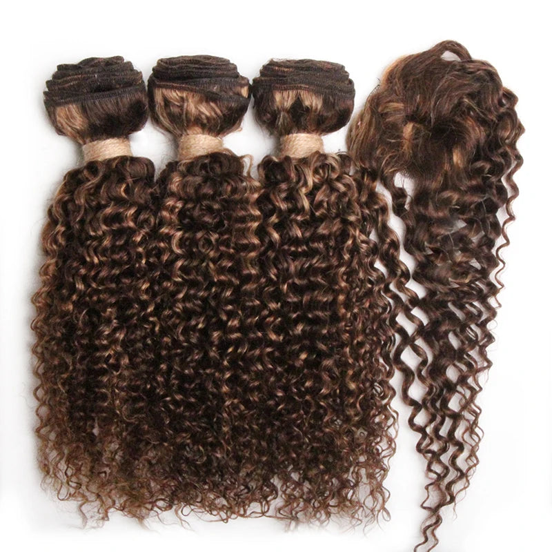 Kinky Curly Human Hair Bundles Short Brazilian Hair Weaves 3 Bundles With Closure Natural Black Curly Bundles With Closure