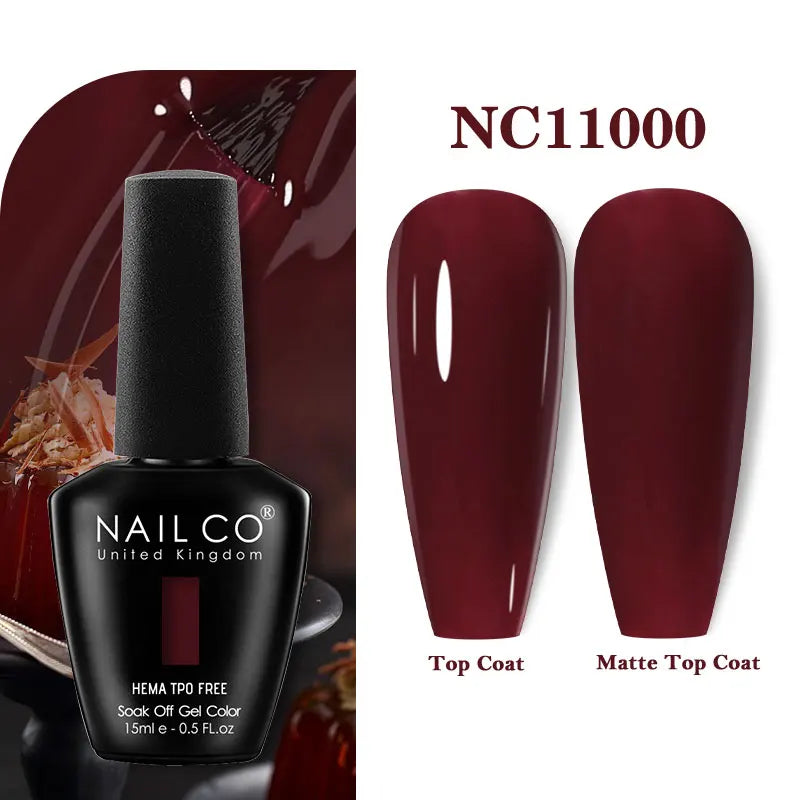 Vernis à ongles gel NAILCO 283 couleurs, base et top coat, semi-permanent, UV, pour nail art et manucure hybride.