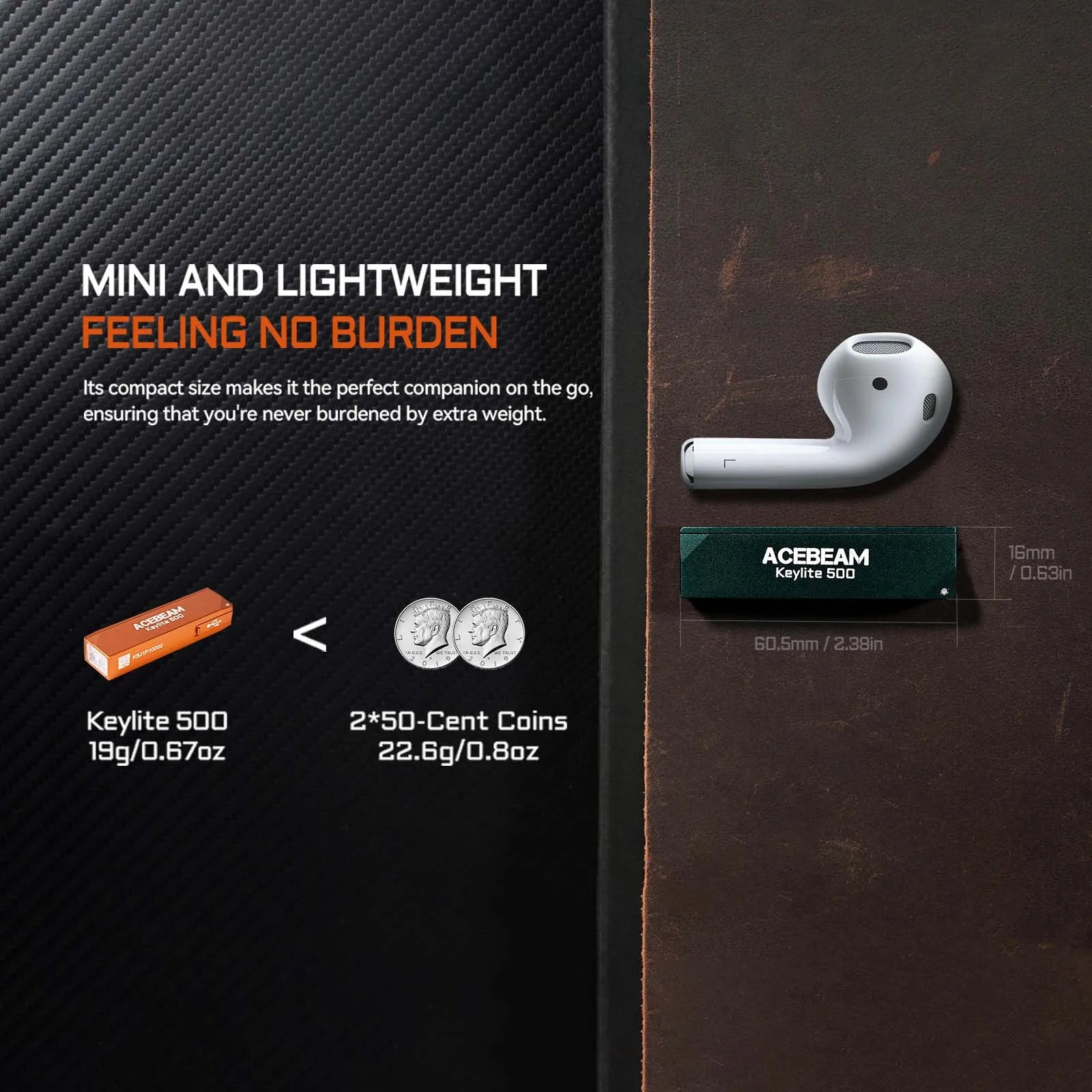 ACEBEAM Keylite 500 EDC Tactical Flashlight - Rechargeable with Self-Defense Strobe