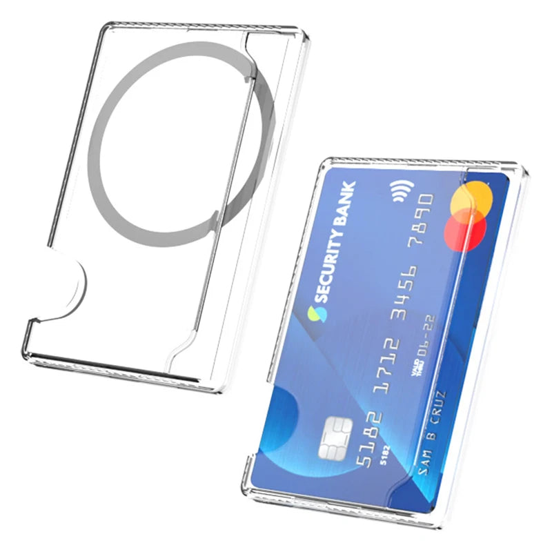 Étui portefeuille magnétique transparent avec porte-cartes pour coque MagSafe, compatible iPhone 15 Pro Max, 14 Plus, 13 et Samsung S24 Ultra. Emplacements pour cartes magnétiques.