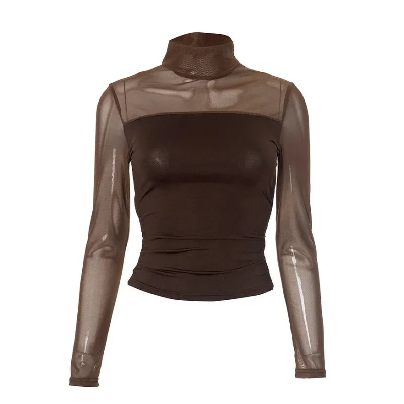 Transparent Mesh T-shirts Women Streetwear Solid Color Aesthetic Clothes Long Sleeve Ropa Mujer Slim Fit Office Lady Outfits