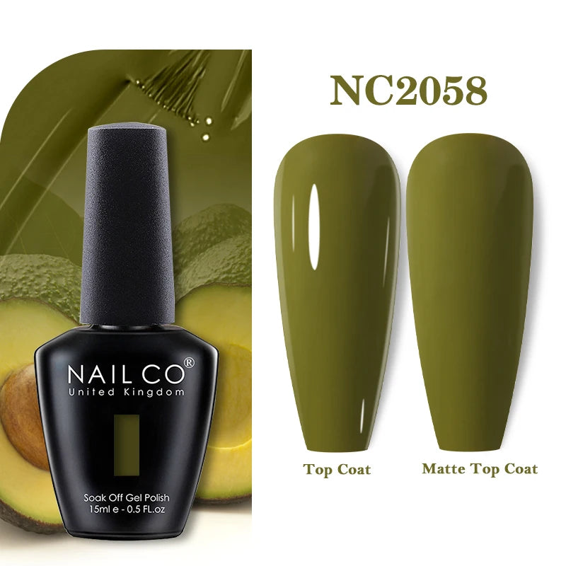 Vernis à ongles gel NAILCO 283 couleurs, base et top coat, semi-permanent, UV, pour nail art et manucure hybride.