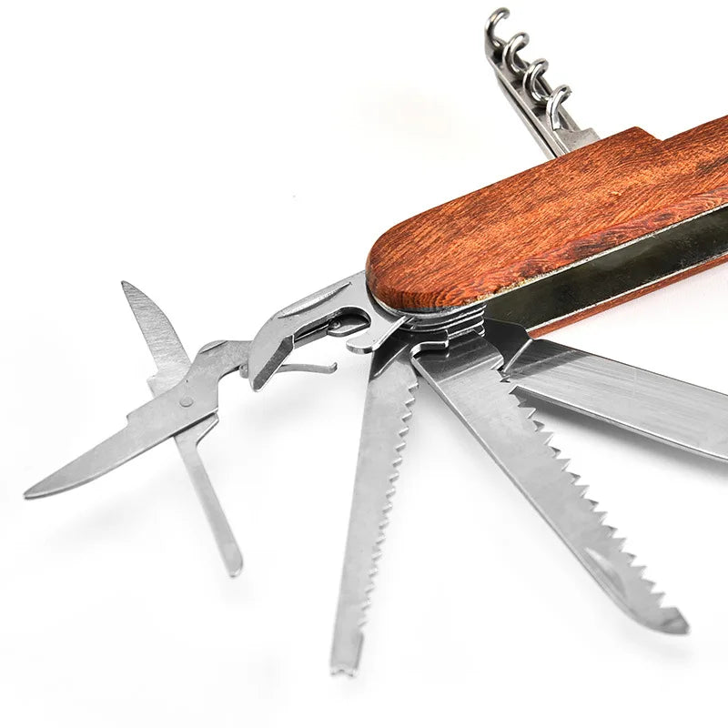 Multi-Purpose Folding Knife with Wood Handle