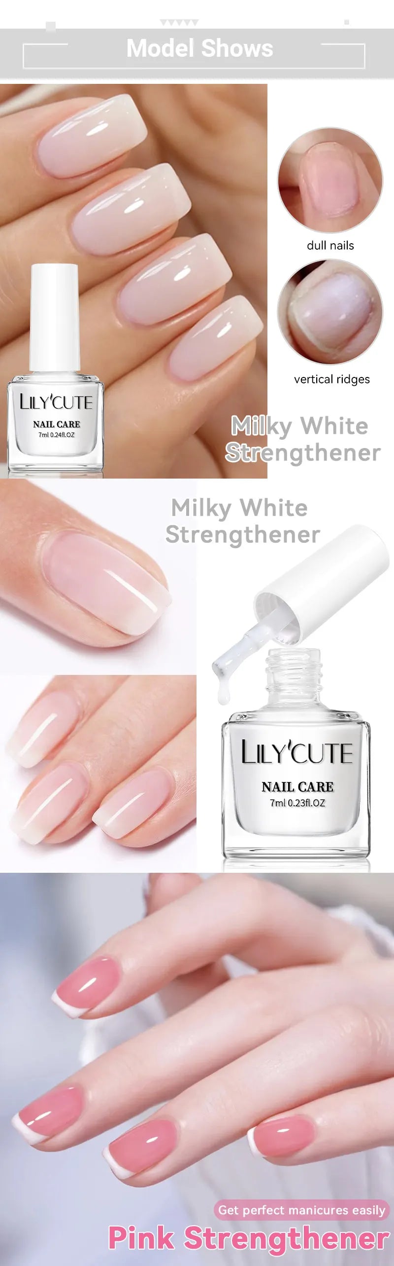 LILYCUTE Nail Strengthener Polish - Milky White Pink Care Varnish 7ML