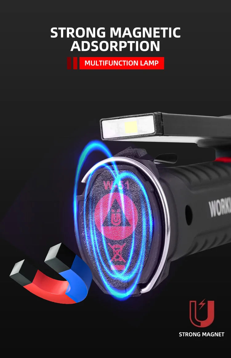 Lampe torche LED de camping rechargeable USB, lampe de travail magnétique avec crochet, étanche, mode d'éclairage adapté au travail de nuit.