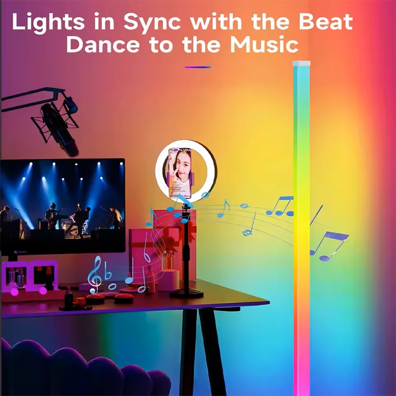Lampadaire d'angle intelligent RGB avec application et télécommande, éclairage d'ambiance LED à intensité variable pour salle de jeux, salon ou chambre.